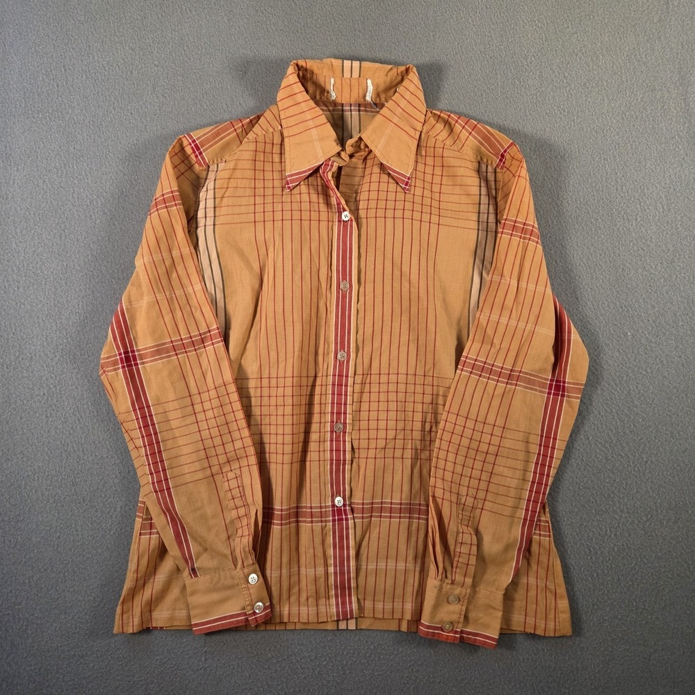 Vintage 70s Blouse Womens Large Orange Plaid Daggar Collar Mod Lady Manhattan